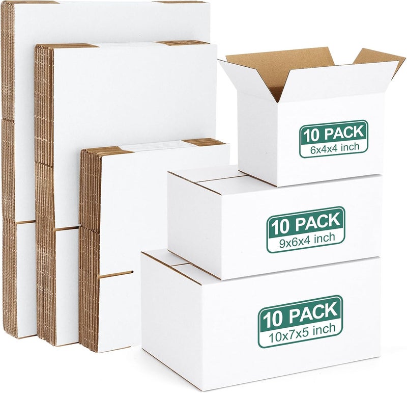 Eupako 30 Pack Small Shipping Boxes Assorted Sizes, White Corrugated Box Mailers, Cardboard Boxes for Packaging Small Business, Mailing, 6x4x4 & 9x6x4 & 10x7x5 10 PCS Each Small Boxes - Image 1